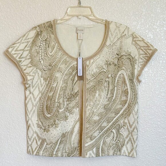 Chico's Beaded Foil-Print Cardigan Women's Size 2 L/12 Gold NEW with tag - Picture 2 of 13